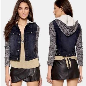 Free People Denim and Knit Distressed Hooded Jacket